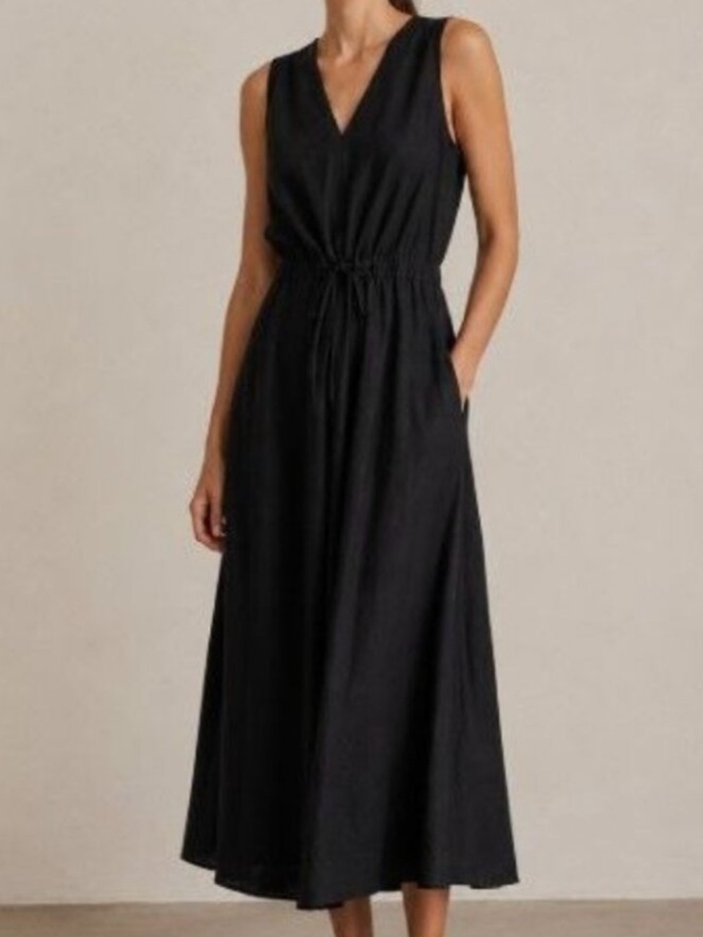 Vince black sleeveless  V-Neck Drawstring Waist Midi Dress